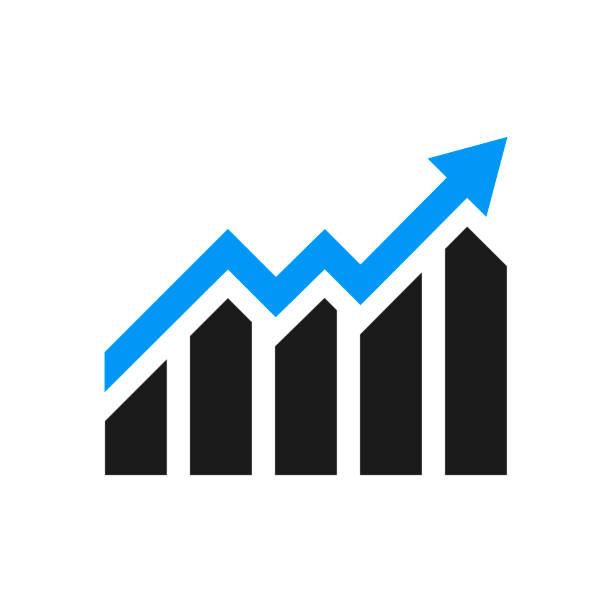 ilustrações de stock, clip art, desenhos animados e ícones de growing bar graph icon in black on white background. vector - stock market graph chart arrow sign