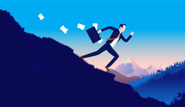 Vector illustration of Escape work - Businessman running away from office down hill in high speed