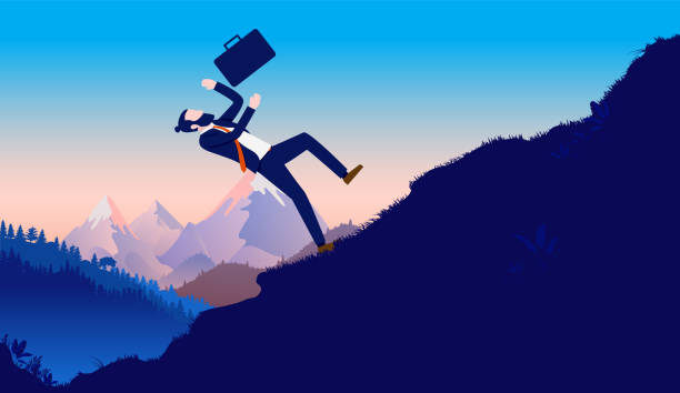 ilustrações, clipart, desenhos animados e ícones de fracasso nos negócios - homem tropeça e cai morro abaixo com pasta voando no ar - cliff finance risk uncertainty