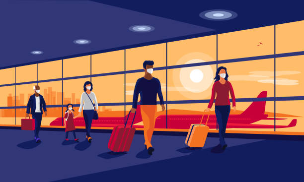 ilustrações, clipart, desenhos animados e ícones de pessoas viajantes usando máscaras faciais viagem segura caminhando no terminal do portão do aeroporto - airport