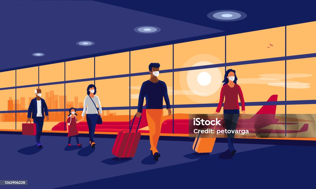 People Traveler Wearing Face Masks Safe Travel Walking at Airport Gate Terminal Passengers people traveler wearing face masks walking at airport gate terminal lounge traveling on holiday during pandemic outbreak. Airplanes behind glass window. New normal safe travel vacation. Airport stock vector