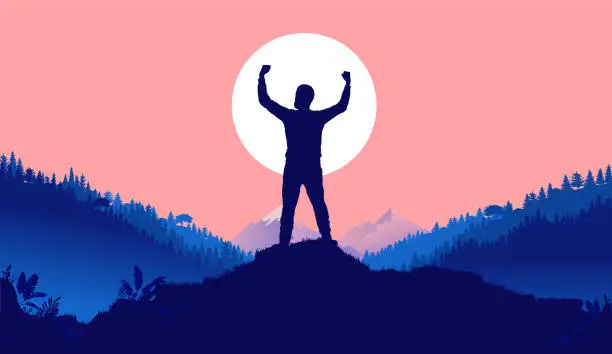 Vector illustration of Prevail - Silhouette of man with raised hands in front of sun