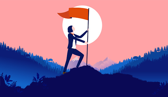 Successful businesswoman planting waving flag outdoors in nature. female success, achievement, career goals, and conquer adversity concept. Vector illustration.