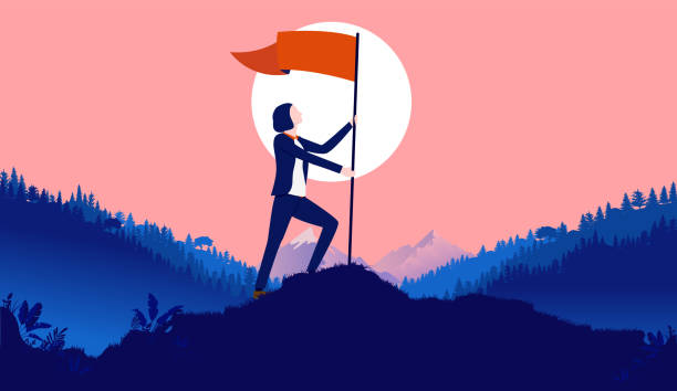 Woman raising flag on hilltop Successful businesswoman planting waving flag outdoors in nature. female success, achievement, career goals, and conquer adversity concept. Vector illustration. top honor stock illustrations