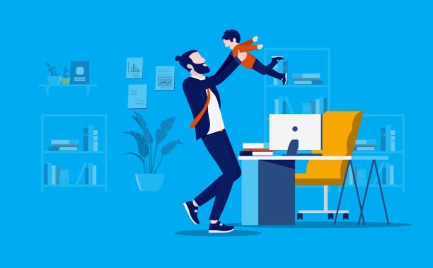 Bringing kids to office Businessman getting a visit from his son child at work, playing around and having fun. Children in the workplace concept. Vector illustration. father kid stock illustrations