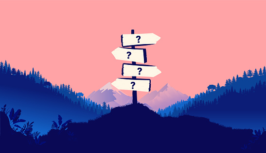 Signpost in open nature landscape pointing in different directions with question marks. Trouble making choices concept. Vector illustration.