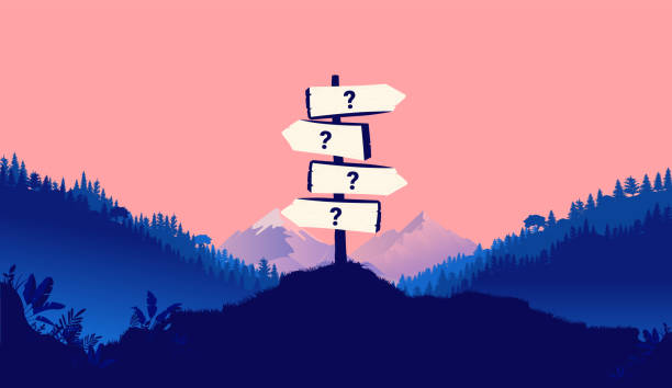Difficult choice Signpost in open nature landscape pointing in different directions with question marks. Trouble making choices concept. Vector illustration. adventure stock illustrations