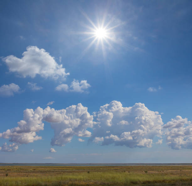 green wide summer prairie under a dense cloudy sky - prairie wide landscape sky imagens e fotografias de stock