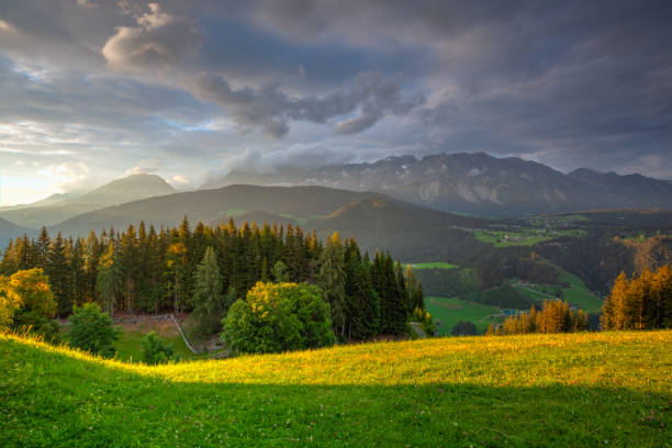 istock Dachstein mountain and summer valley views from Almwelt Austria resort. 1262908065