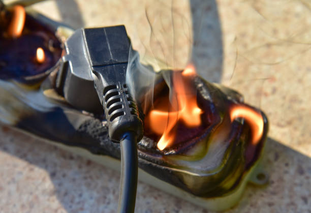 istock Outlets with switche caught fire in room. Overloaded electrical current or short in device from many devices connected 1262908822