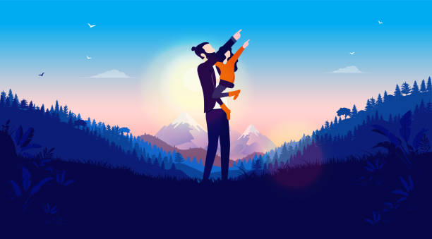 Fatherhood - Hipster man with beard and man bun holding daughter in arms pointing and watching the sky Bringing up kid and happy future concept. Vector illustration. sunny day stock illustrations