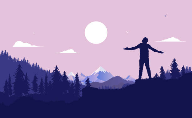 illustrations, cliparts, dessins animés et icônes de je me sens libre. silhouette de l’homme avec des bras ouverts restant dans le paysage de nature avec la forêt, le soleil et les montagnes à l’arrière-plan - men silhouette arms outstretched freedom