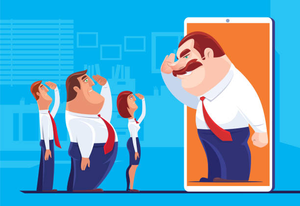 ilustraciones, imágenes clip art, dibujos animados e iconos de stock de personal saludando al jefe a través de teléfono inteligente - manager rudeness bossy using voice
