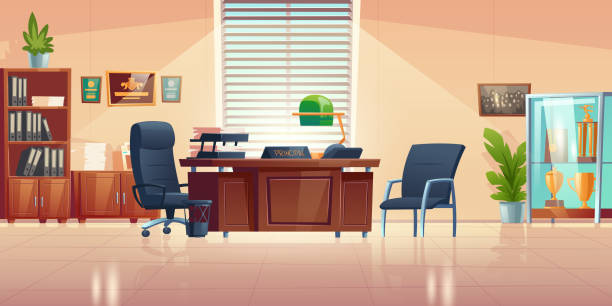 Vector interior of principals office in school Principals office in school with desk, chairs, bookcase and showcase with sport trophies. Vector cartoon empty interior of headmaster cabinet for meeting and talking with teachers, pupils and parents teacher borders stock illustrations
