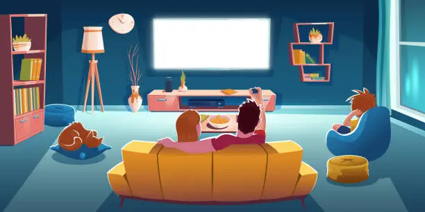 Vector illustration of Family sitting on sofa and watch tv in living room