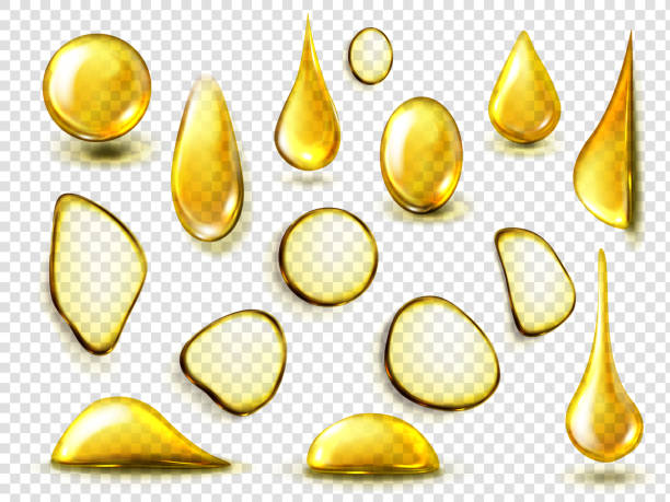 ilustrações de stock, clip art, desenhos animados e ícones de realistic golden drops and stains of oil or honey - sphere water drop symbol