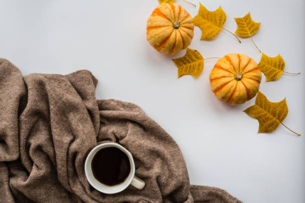 istock Thanksgiving holiday objects for mock up template design. Autumn pumpkin, black coffee cup, knitted sweater and fall leaves. View from above. Flat lay, top view, overhead, copy space 1262911620