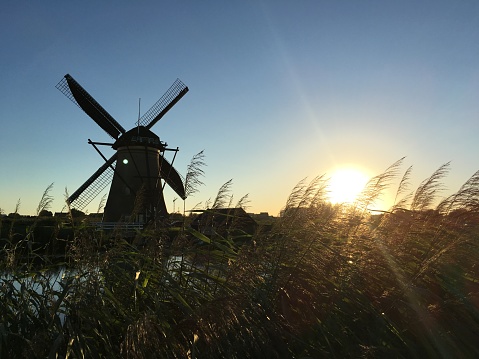 Dutch Holland windmill field canal sunset, Netherlands Holland