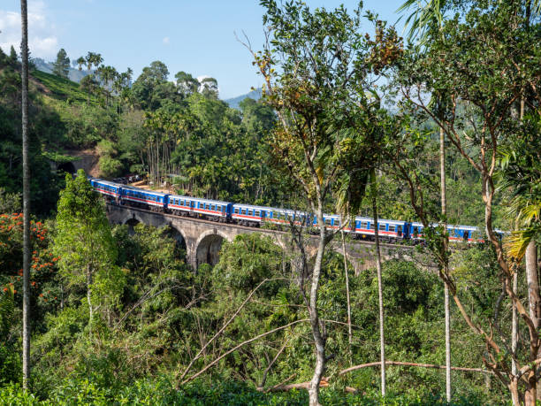 istock Nine arches Bridge in Sri Lanka at sunset with modern blue train 1262915190