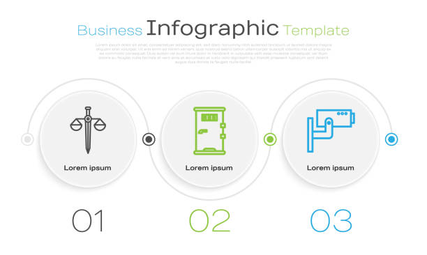 ilustrações, clipart, desenhos animados e ícones de definir escalas de linha de justiça, porta da cela da prisão e câmera de segurança. modelo infográfico de negócios. vetor - prison cell prison prison cell door crime