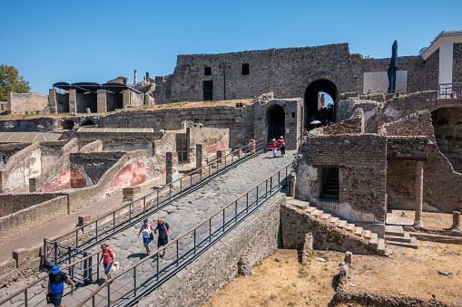 Pompeii, Italy - August 6, 2017: tourists at the entrance of the ruins of pompeii