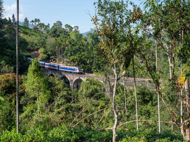 istock Nine arches Bridge in Sri Lanka at sunset with modern blue train 1262917897