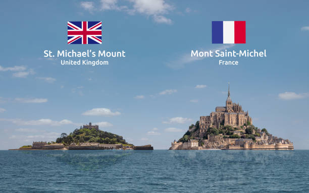St. Michael's Mount and Mont Saint-Michel Together Labelled Concept montage comparing St. Michael's Mount (UK) and Mont Saint-Michel (France).  With coutry flags and labels. marazion photos stock pictures, royalty-free photos & images