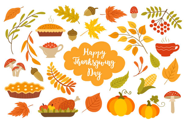 ilustraciones, imágenes clip art, dibujos animados e iconos de stock de elementos de diseño de acción de gracias. - thanksgiving