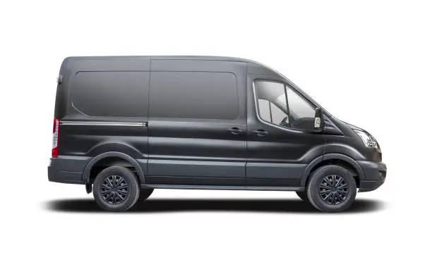 Black color commercial van side view isolated on white background