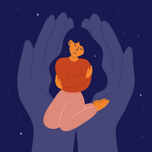 Young woman with closed eyes sitting on knees, embracing yourself Self care, love, acceptance concept. Woman with closed eyes sitting on knees, embracing yourself. Mental health issue, feeling of frustrated, anxiety. Universe inside. Helping hand vector illustration hugging self stock illustrations