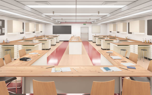 istock Modern classroom with wood floor. High school. 3d illustration 1262955955