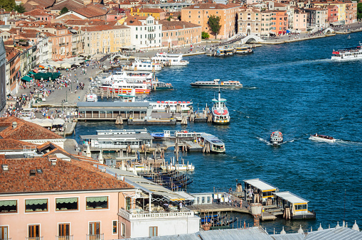 aerial view of Riva degli Schiavoni and piers in Venice, Italy