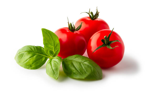 istock Ripe cherry tomatoes and basil  leaves isolated on white background. Clipping path 1262956255