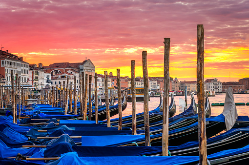 gondolas in Riva degli Schiavoni at sunrise, Venice