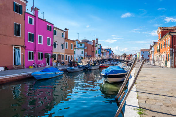 Burano, Italy - August 14, 2017: Tourists in the streets and canal of Colorful city of Burano