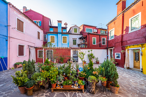 Burano, Italy - August 14, 2017: Colorful streets of Burano