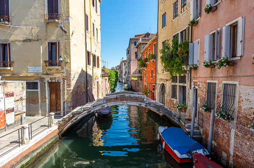 Venice, Italy – August 15, 2017: Colorful houses and bridges in venice Canal