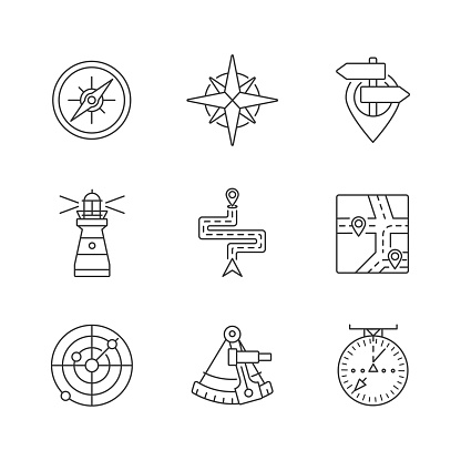 Navigation pixel perfect linear icons set. Customizable thin line contour symbols. Marine, aeronautic, celestial and land navigation. Isolated vector outline illustrations. Editable stroke