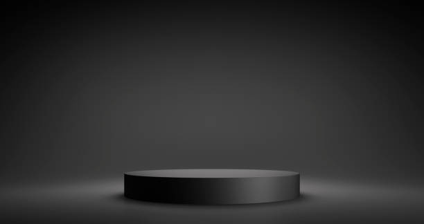 Empty Product Stand, Platform or Podium 3d rendering of black color blank product stands on black background for presentation with copy space stage set design stock pictures, royalty-free photos & images