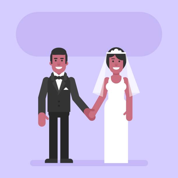 ilustrações, clipart, desenhos animados e ícones de os noivos afro-americanos de mãos dadas e sorriem. pessoas planas - wedding african descent american culture bride