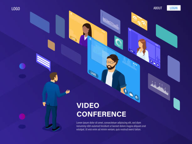 ilustrações de stock, clip art, desenhos animados e ícones de the concept of modern video conferencing and remote work. the boss manages the company through video communication. online meeting. webinar. video communication service. great as a landing page vector - youtube video web page internet