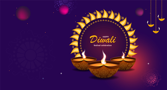 Banner for Diwali Festival. Purple tones, with realistically drawn oil lamps, fire and various symbols.
