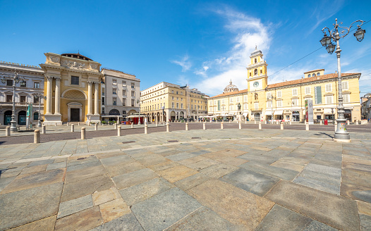 Parma, Italy - August 16, 2017: exterior of Piazza Giuseppe Garibaldi with Palazzo del Governatore in Parma, Italy