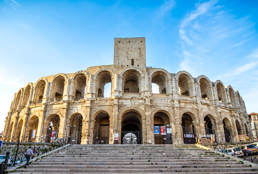 Arles, France - August 17, 2017: A view of the Roman Amphitheater of Arles, Provence, Bouches-du-Rhône, France