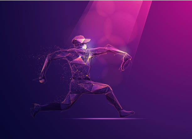 strike concept of sport science technology, polygon baseball player with futuristic element softball homerun stock illustrations