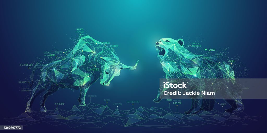 stockMarketConcept concept of stock market exchange or financial technology, polygon bull and bear with futuristic element Stock Market and Exchange stock vector