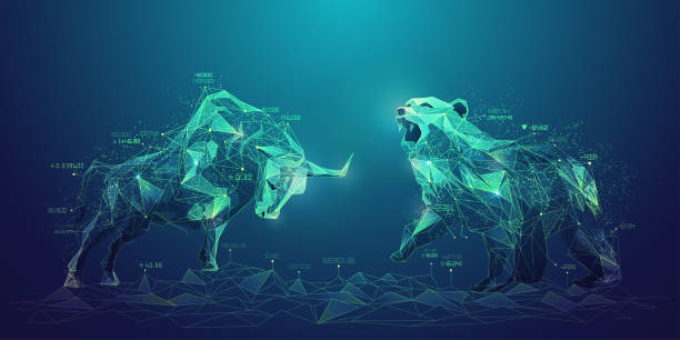 stockMarketConcept concept of stock market exchange or financial technology, polygon bull and bear with futuristic element low poly modelling illustrations stock illustrations