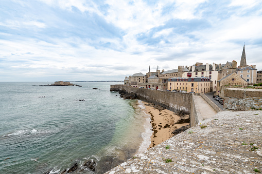 Grand Bé Island off the coast of St Malo in France, from the fortified walls of the town