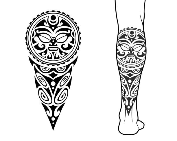Maori tribal style tattoo pattern fit for a leg. Maori tribal style tattoo pattern fit for a leg. With example on body. polynesian shoulder tattoo designs stock illustrations