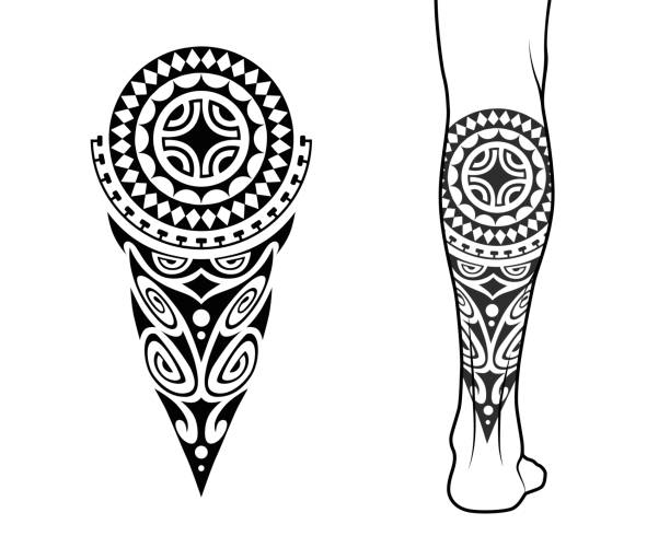 Maori tribal style tattoo pattern fit for a leg. Maori tribal style tattoo pattern fit for a leg. With example on body. polynesian leg tattoos stock illustrations